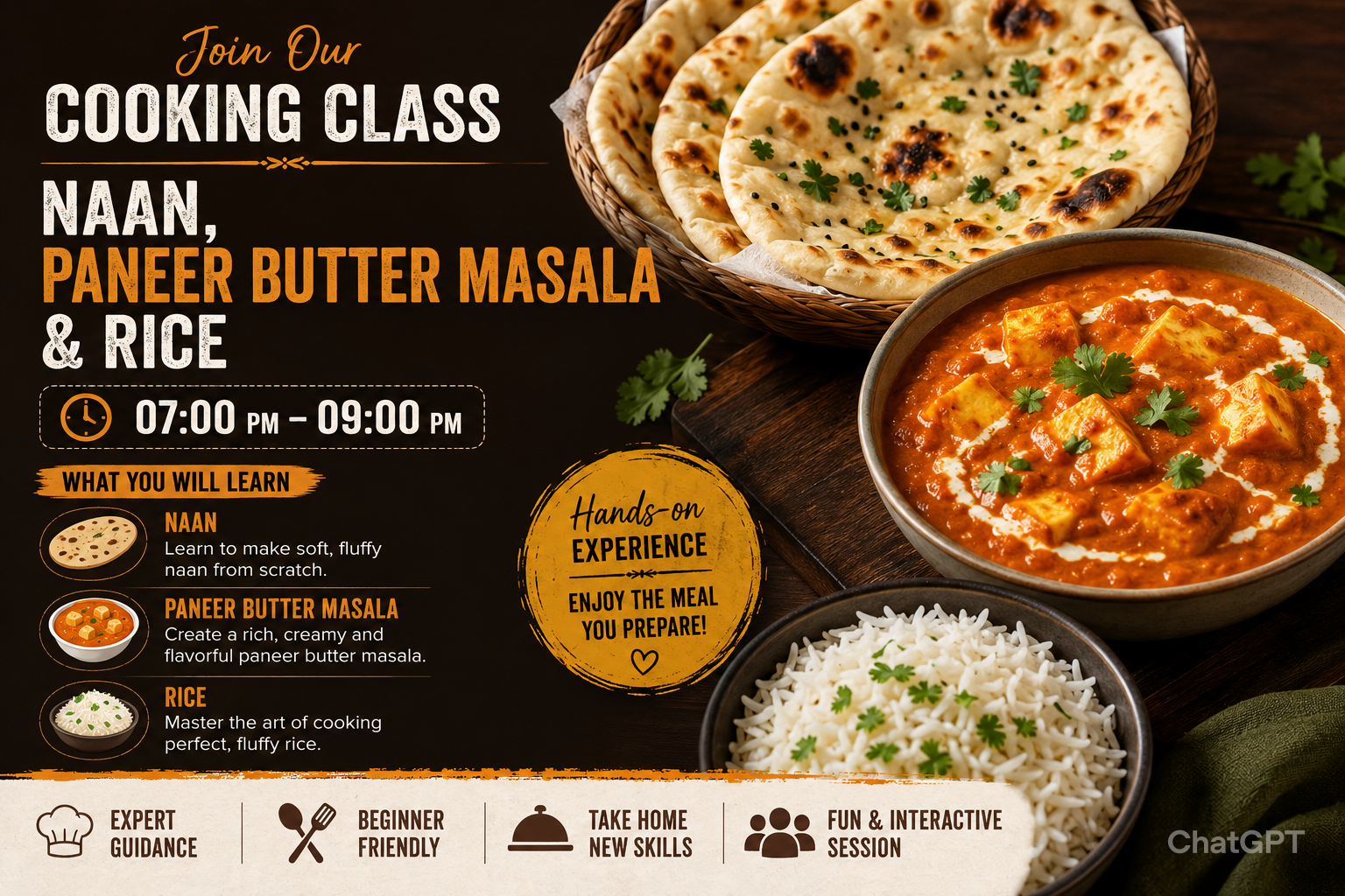Naan ,Paneer Butter Masala & Rice: 07 pm to 09 pm