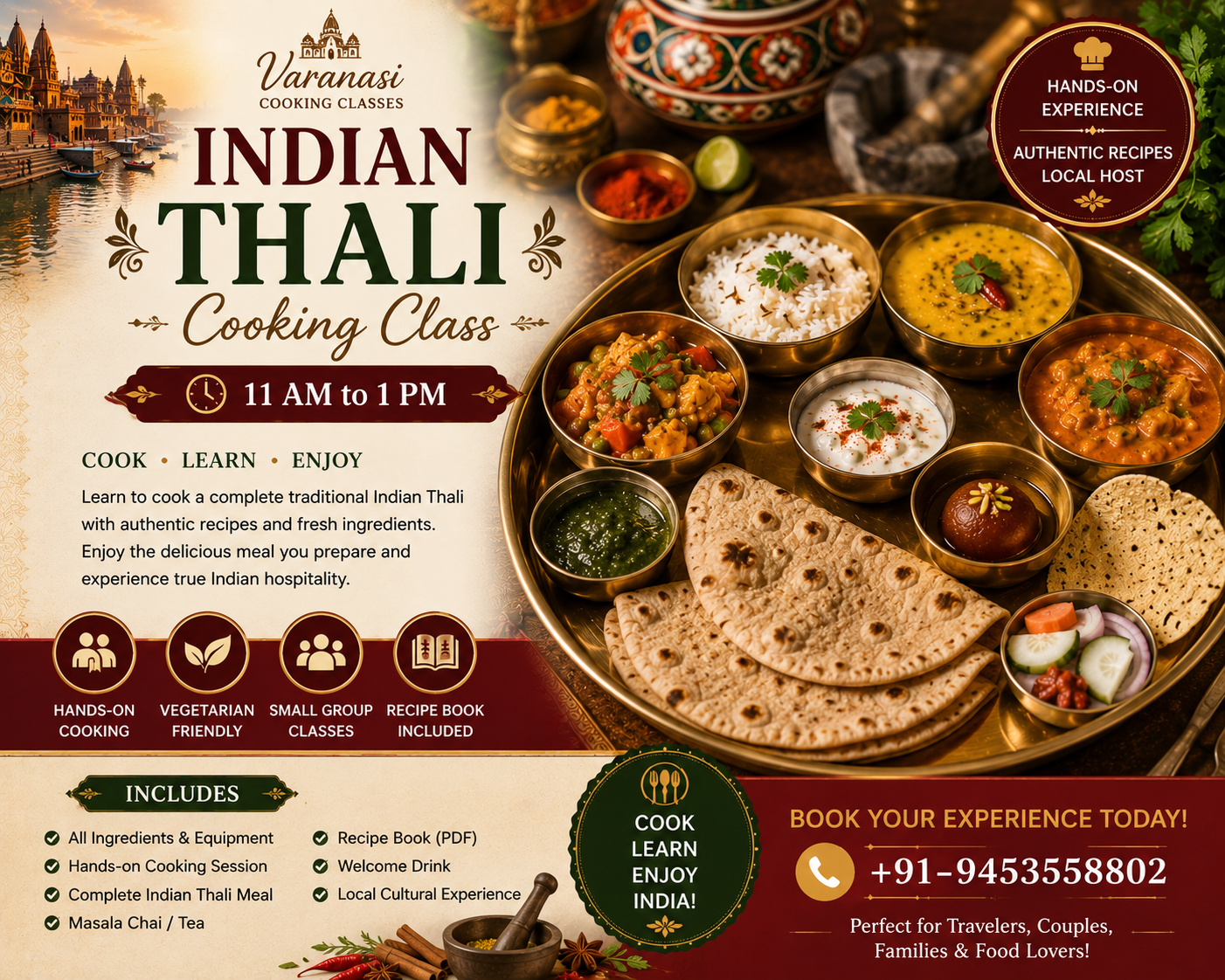 🍽️ Indian Thali Cooking Class (11:00 AM – 1:00 PM)