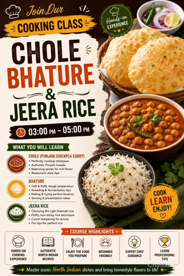 🍛 Chole Bhature & Jeera Rice Cooking Class – 3 PM to 5 PM